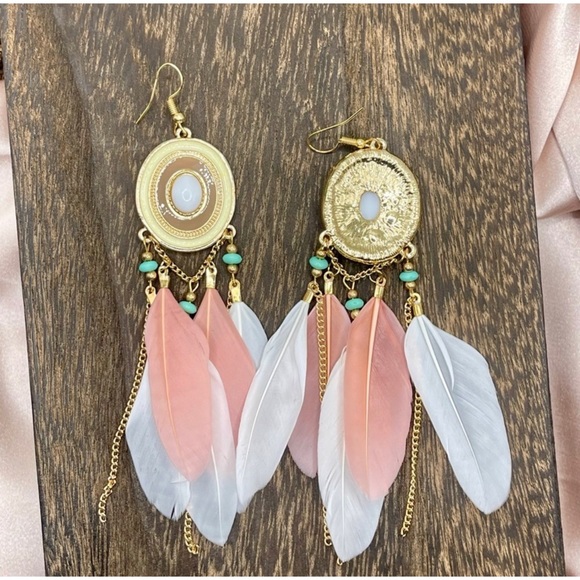 Bohemian Pink And White Feather Turquoise Beaded Earrings - Picture 3 of 3